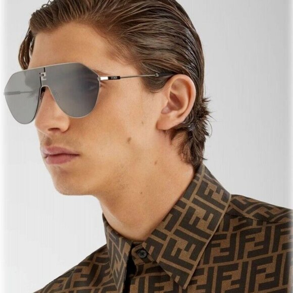 NWT FENDI SUNGLASSES UNISEX SHIELD SILVER EYEWEAR